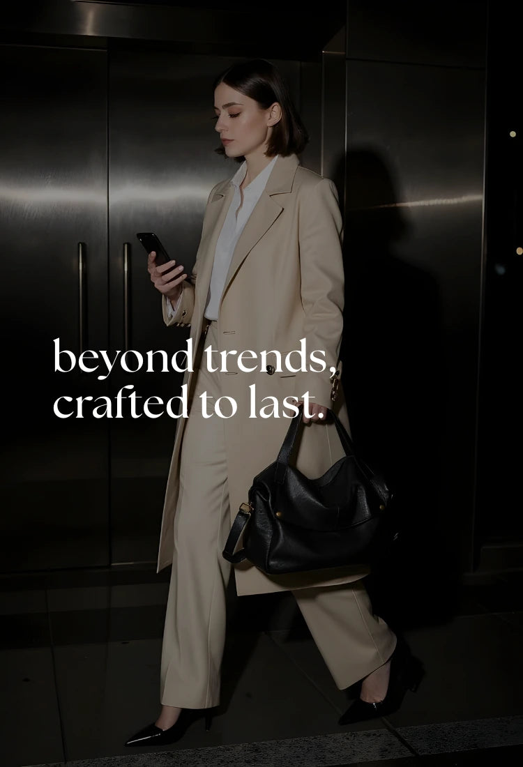 Woman in a beige coat walking with a black handbag against a dark background, with text 'beyond trends, crafted to last.'