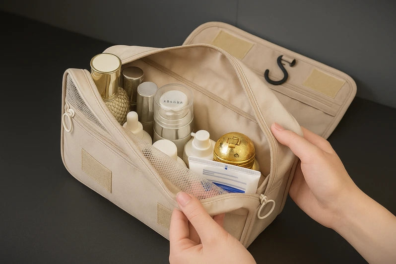 Beige toiletry bag with various items on a dark background